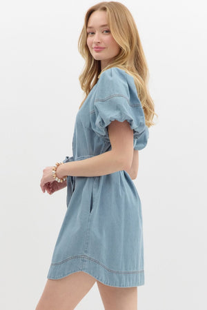 Puff Sleeve Denim Dress w/ Tie