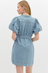 Puff Sleeve Denim Dress w/ Tie