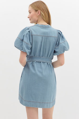 Puff Sleeve Denim Dress w/ Tie