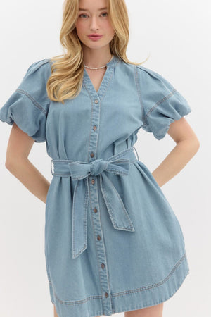 Puff Sleeve Denim Dress w/ Tie