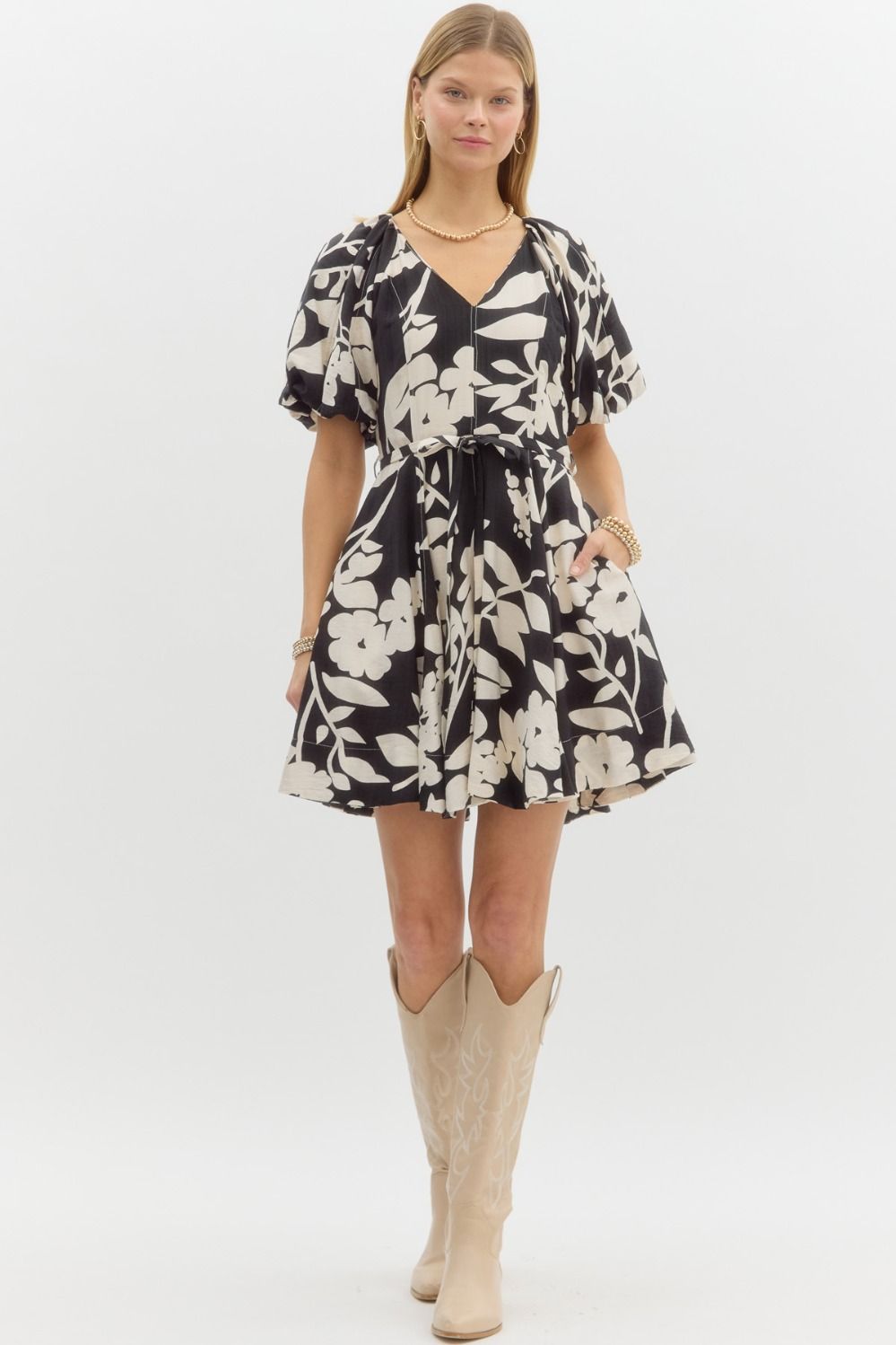 Bubble Sleeve Flare Mini Dress