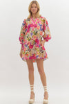 Floral Mini dress w/ colorblock neckline