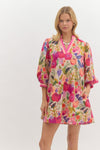 Floral Mini dress w/ colorblock neckline