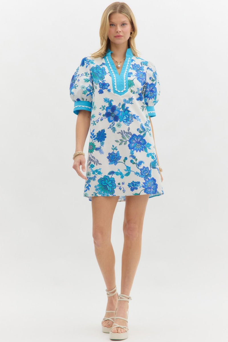 White Mini Dress w/ Bright Blue Floral