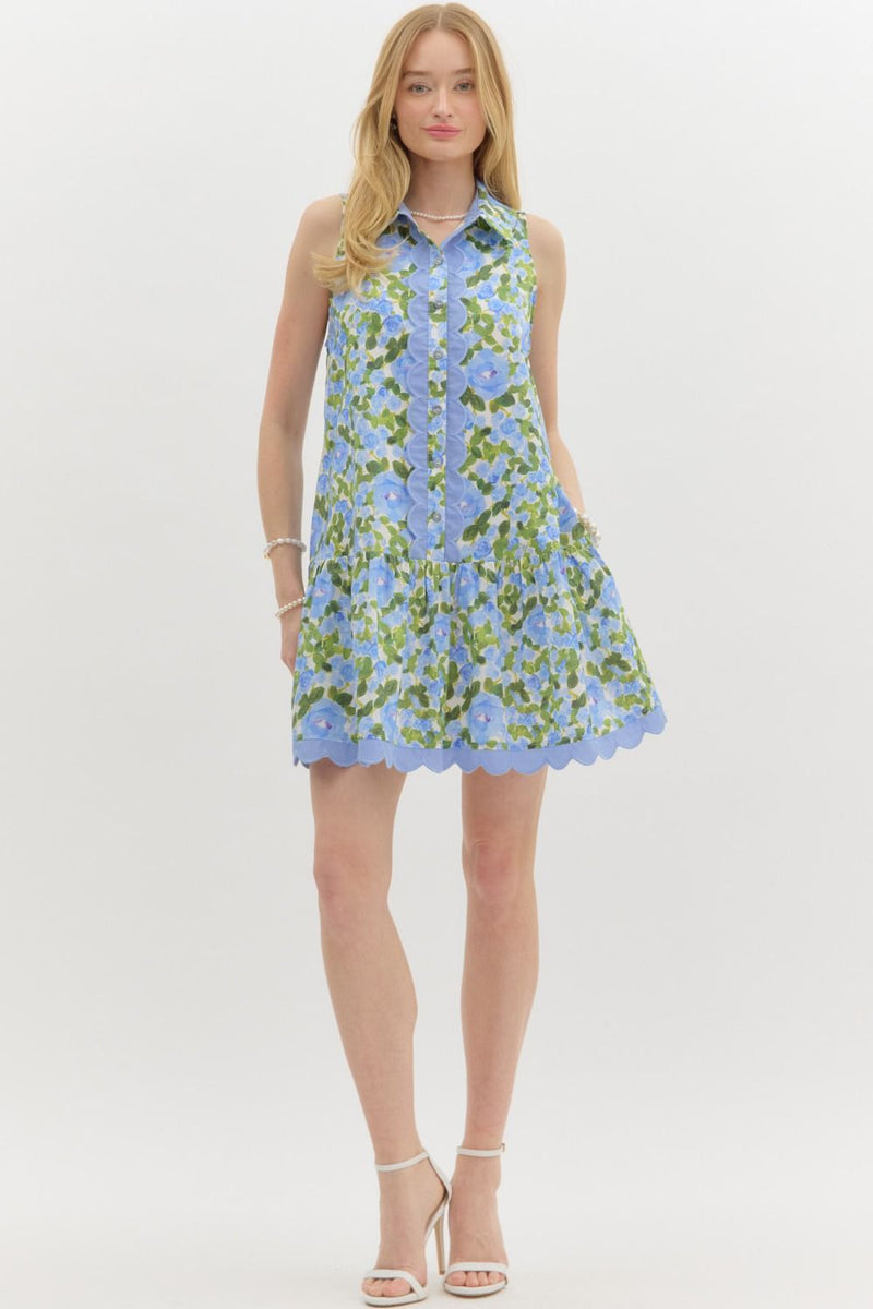 Blue Floral Mini Dress w/ Scallop Trim