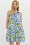 Blue Floral Mini Dress w/ Scallop Trim