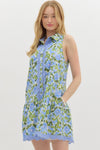 Blue Floral Mini Dress w/ Scallop Trim