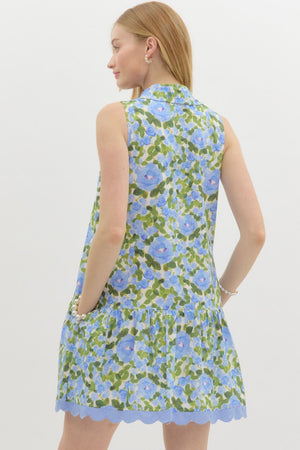 Blue Floral Mini Dress w/ Scallop Trim