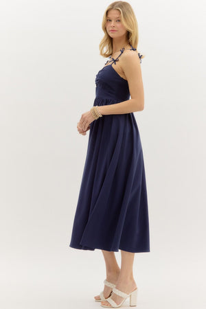 Navy Bow Strap Accents Midi