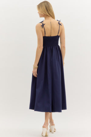 Navy Bow Strap Accents Midi