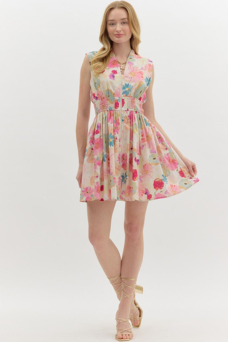 Floral zip front mini dress