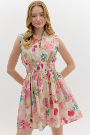 Floral zip front mini dress