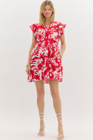 Red Tropical Print Flutter Sleeve Dress