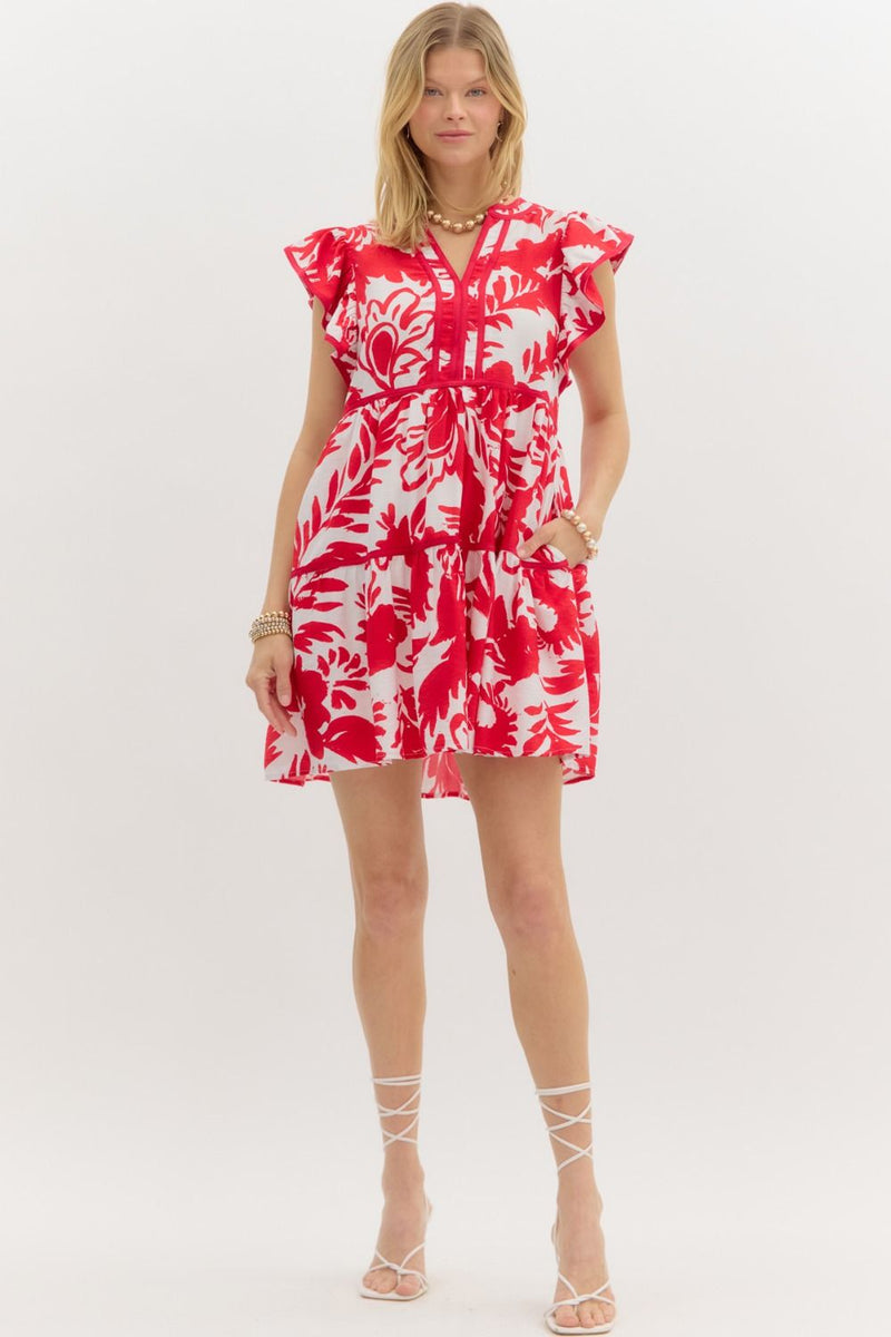Red Tropical Print Flutter Sleeve Dress