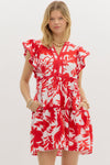 Red Tropical Print Flutter Sleeve Dress
