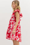 Red Tropical Print Flutter Sleeve Dress