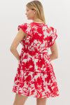 Red Tropical Print Flutter Sleeve Dress
