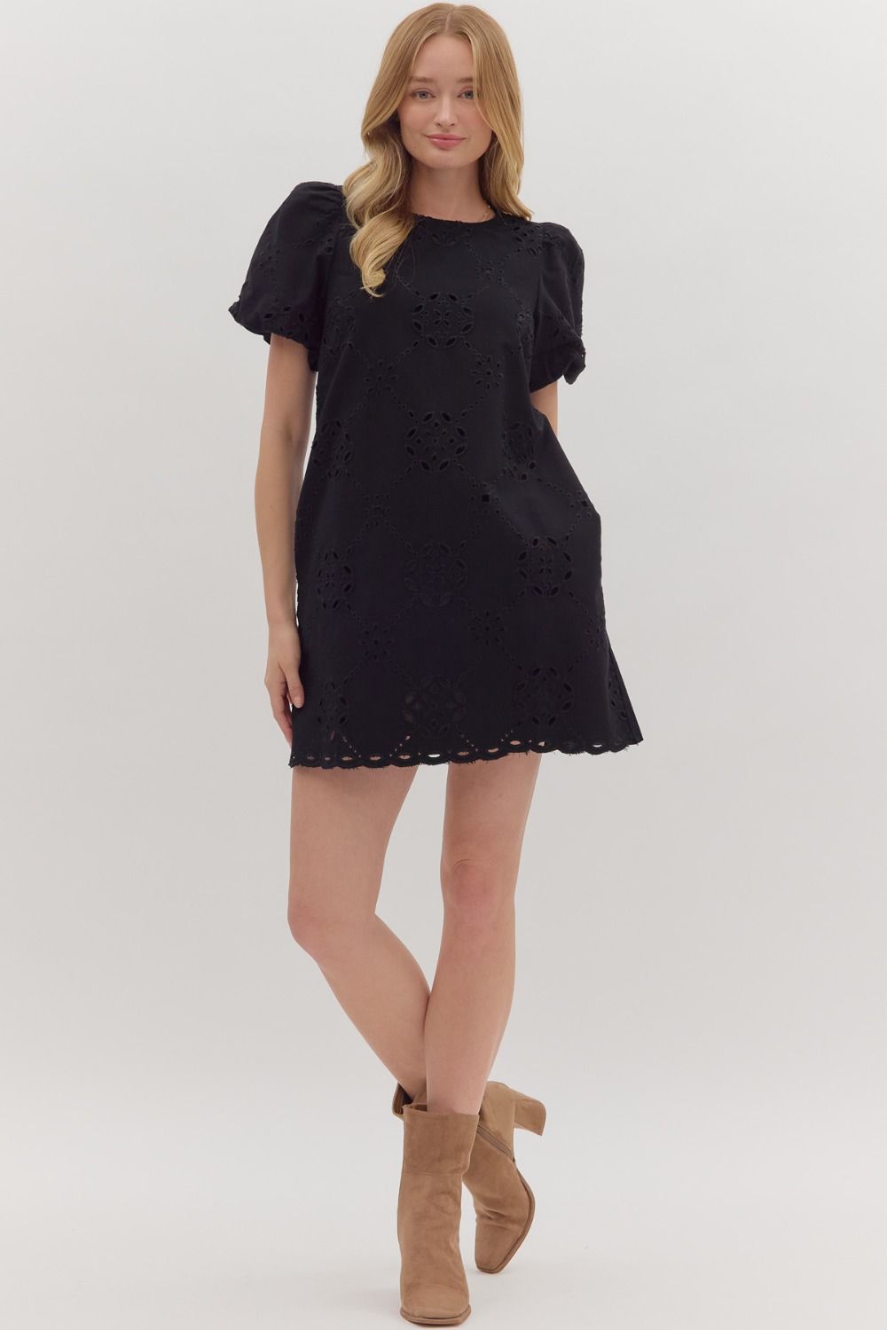 Eyelet Puff Sleeve Mini Dress