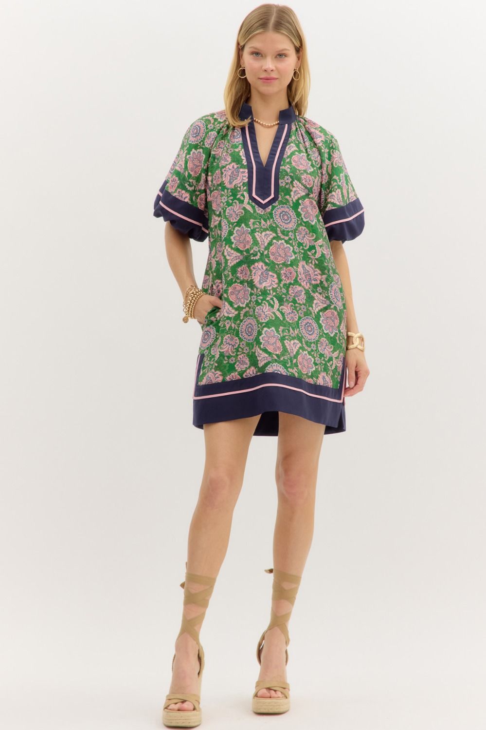 Floral Paisley Print Mini Dress w/ Navy Trim