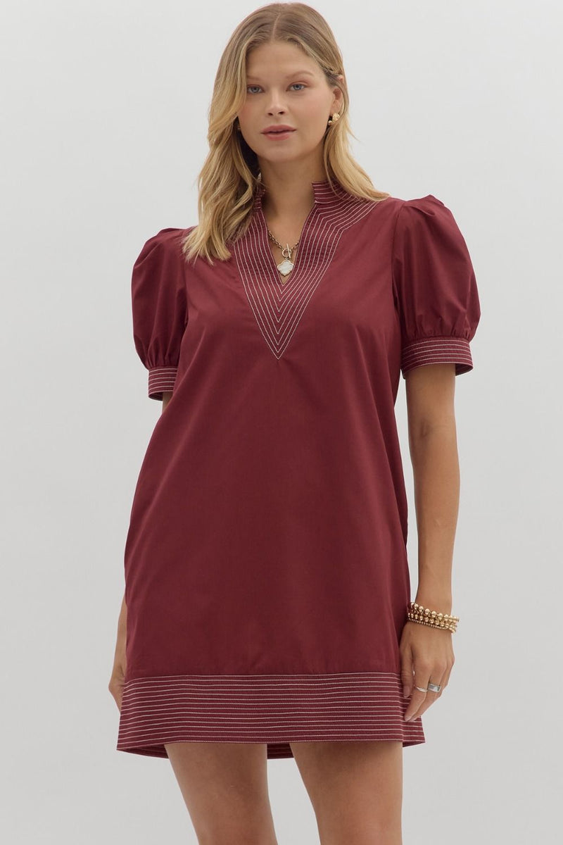 Contrast Stitch Vneck Mini Dress