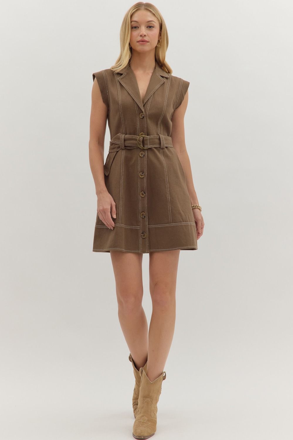 Contrast Stitch Belted Mini Dress