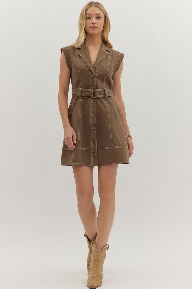 Contrast Stitch Belted Mini Dress