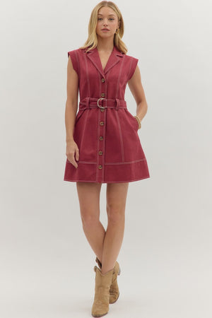 Contrast Stitch Belted Mini Dress