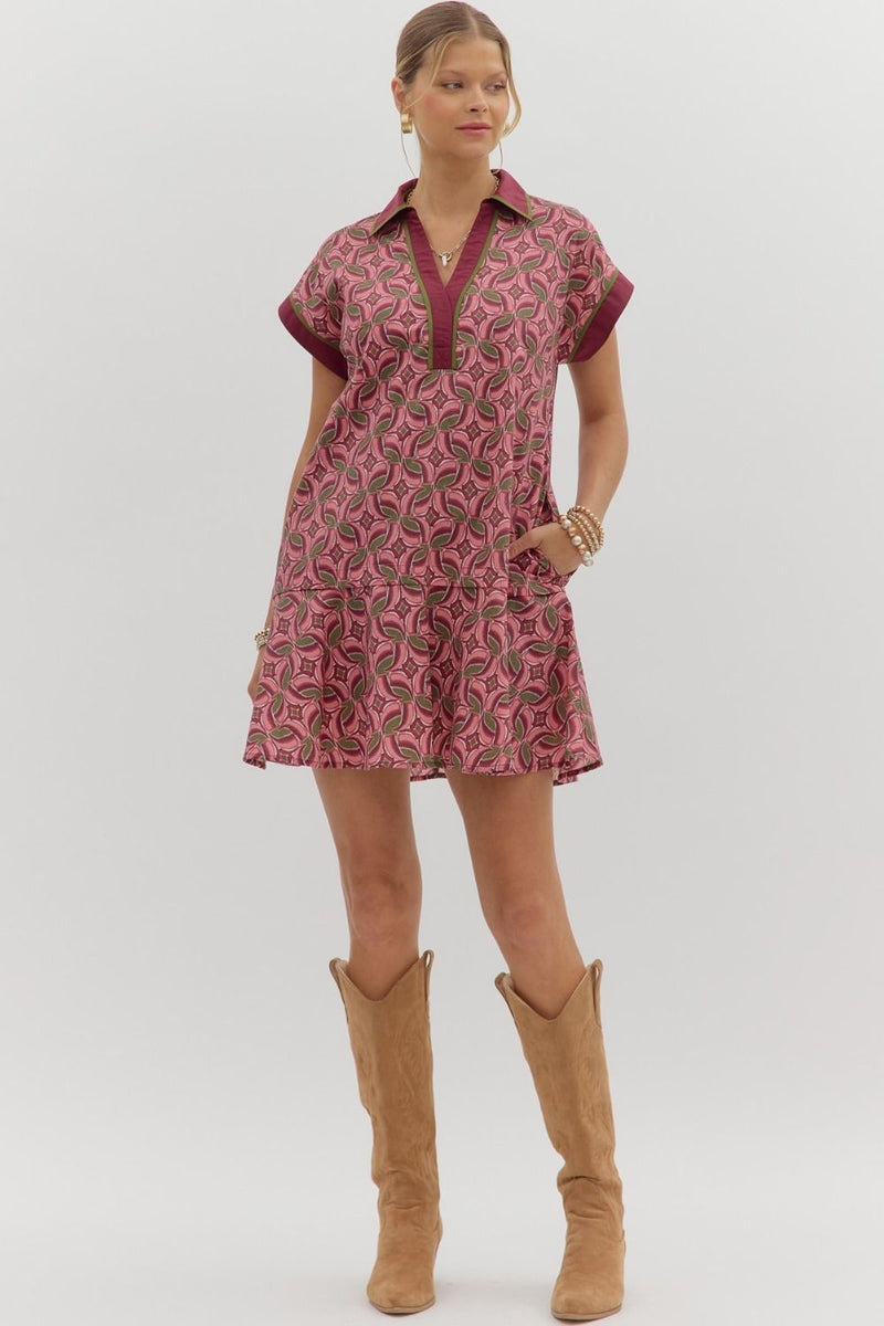 Entro Wine Drop Ruffle Abstract Dress