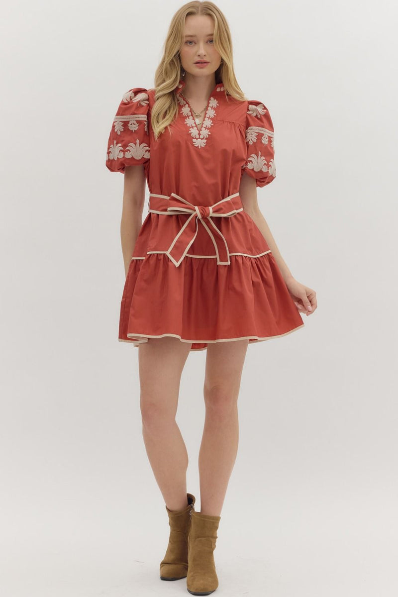 Rust Front Tie Mini Dress