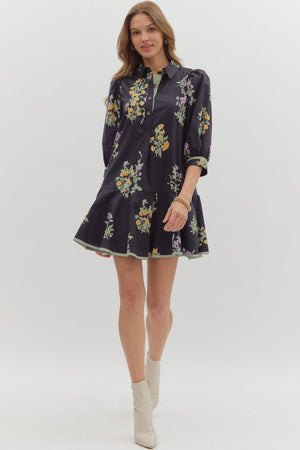 Black Floral Drop Ruffle Dress