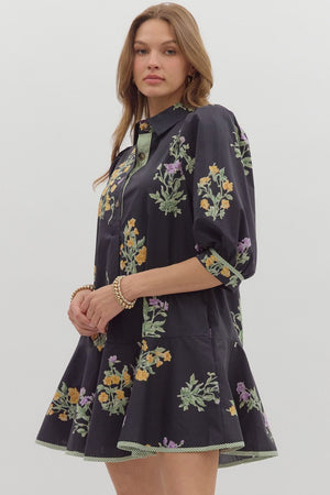 Black Floral Drop Ruffle Dress
