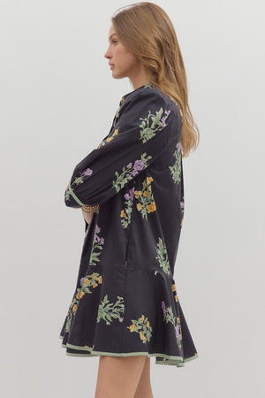 Black Floral Drop Ruffle Dress