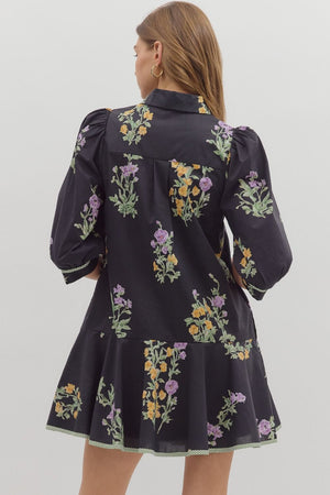 Black Floral Drop Ruffle Dress