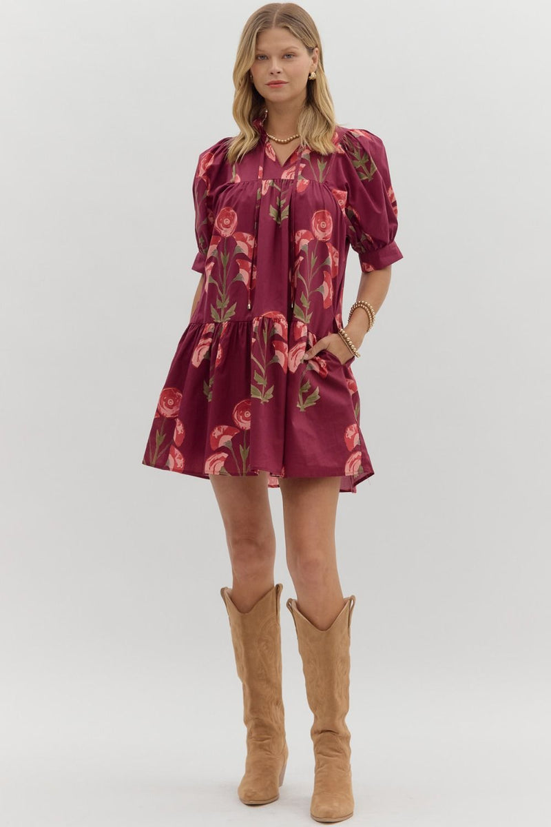 Wine Floral Front tie dress