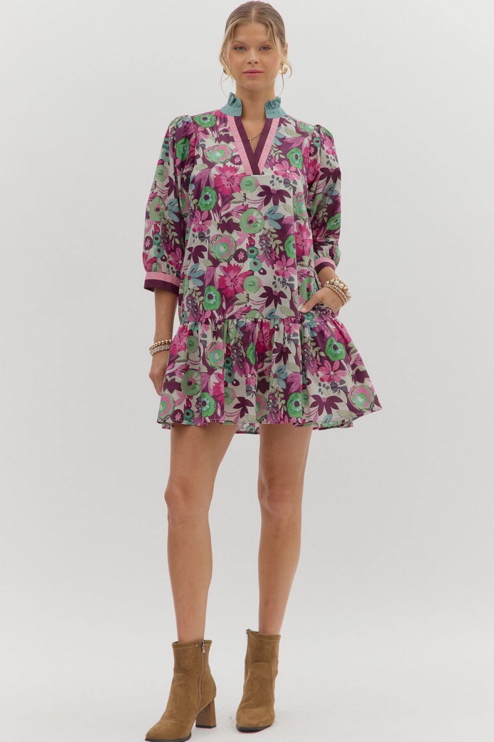 Floral Drop Ruffle Stripe Accent Dress