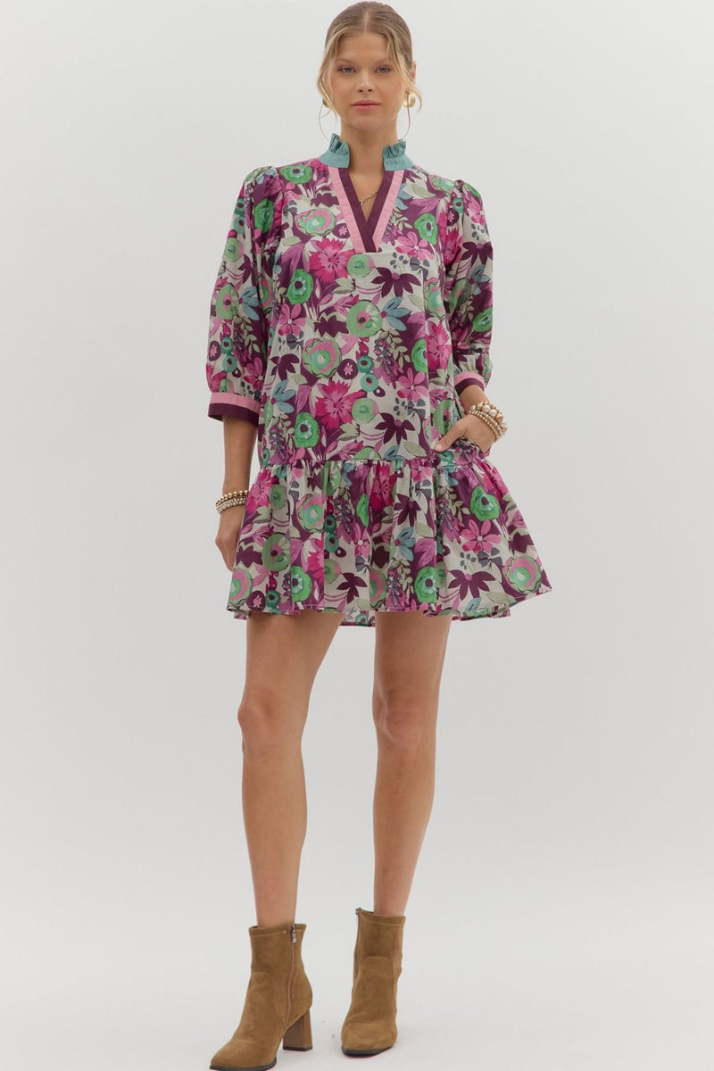 Floral Drop Ruffle Stripe Accent Dress