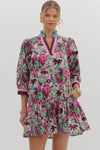 Floral Drop Ruffle Stripe Accent Dress