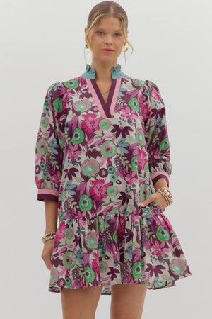 Floral Drop Ruffle Stripe Accent Dress