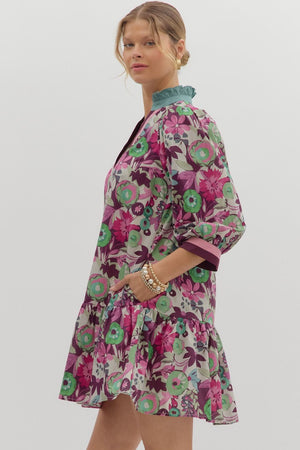 Floral Drop Ruffle Stripe Accent Dress