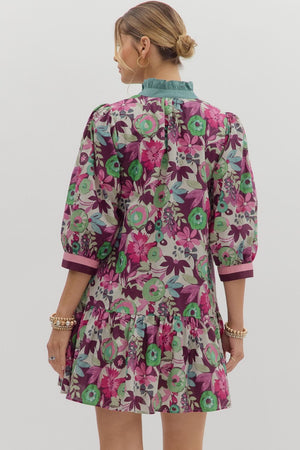 Floral Drop Ruffle Stripe Accent Dress