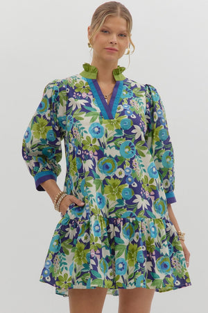 Floral Drop Ruffle Stripe Accent Dress