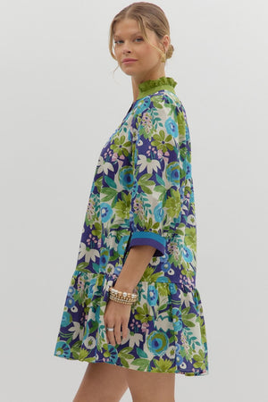 Floral Drop Ruffle Stripe Accent Dress