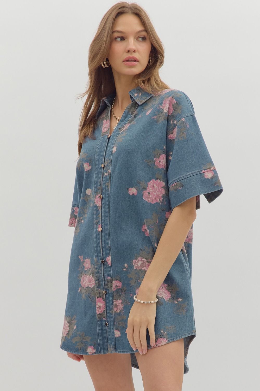 Denim Floral Gold Button Shirt Dress
