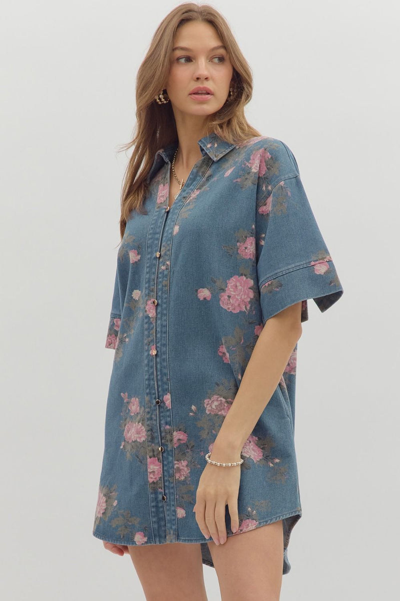 Denim Floral Gold Button Shirt Dress