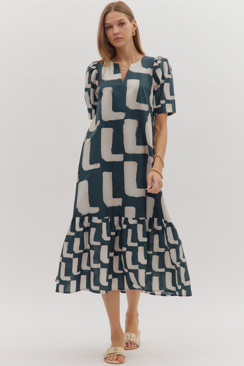 Abstract Navy Drop Ruffle Midi