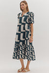 Abstract Navy Drop Ruffle Midi