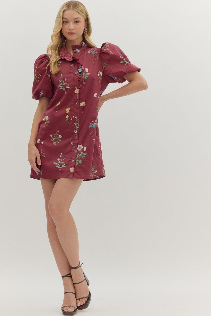 Floral Bubble Sleeve Dress w/ Ruffle Trim