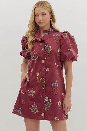 Floral Bubble Sleeve Dress w/ Ruffle Trim