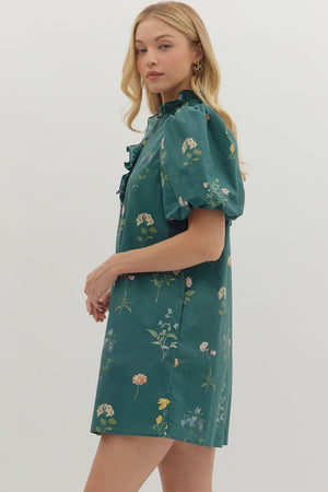 Floral Bubble Sleeve Dress w/ Ruffle Trim