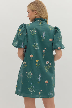 Floral Bubble Sleeve Dress w/ Ruffle Trim